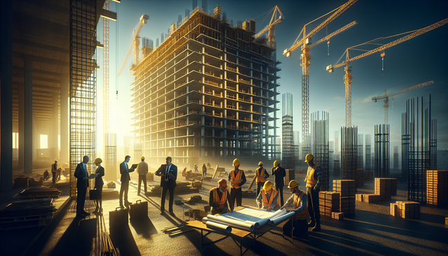 alt_text: A vibrant construction site showcases workers balancing cost, timeline, and quality in a bustling project.