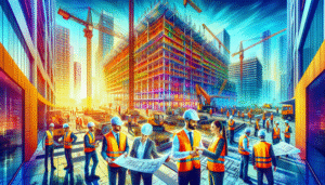 alt_text: A busy construction site with workers, cranes, and blueprints showcasing precise project management.