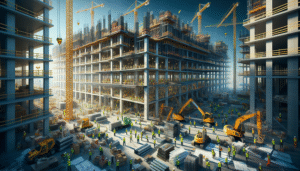alt_text: A vibrant construction site with workers, machinery, and a towering high-rise mid-renovation.