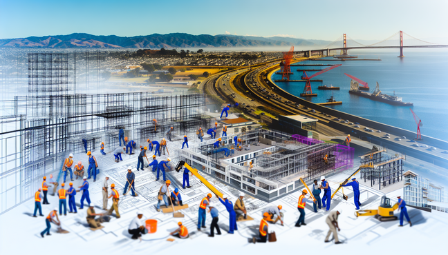 alt_text: Stunning West Coast construction site blending innovation, skilled workers, and eco-friendly designs.
