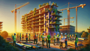 alt_text: Workers collaborate on sustainable building plans amidst cranes and eco-friendly materials under a blue sky.
