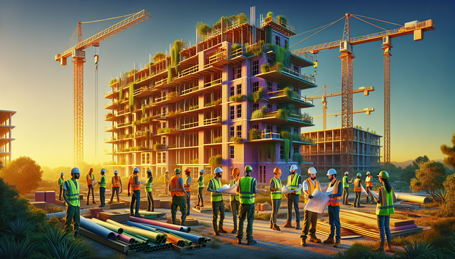 alt_text: Workers collaborate on sustainable building plans amidst cranes and eco-friendly materials under a blue sky.