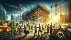 alt_text: A dynamic construction site showcases workers in safety gear, cranes, and a partially built high-rise.