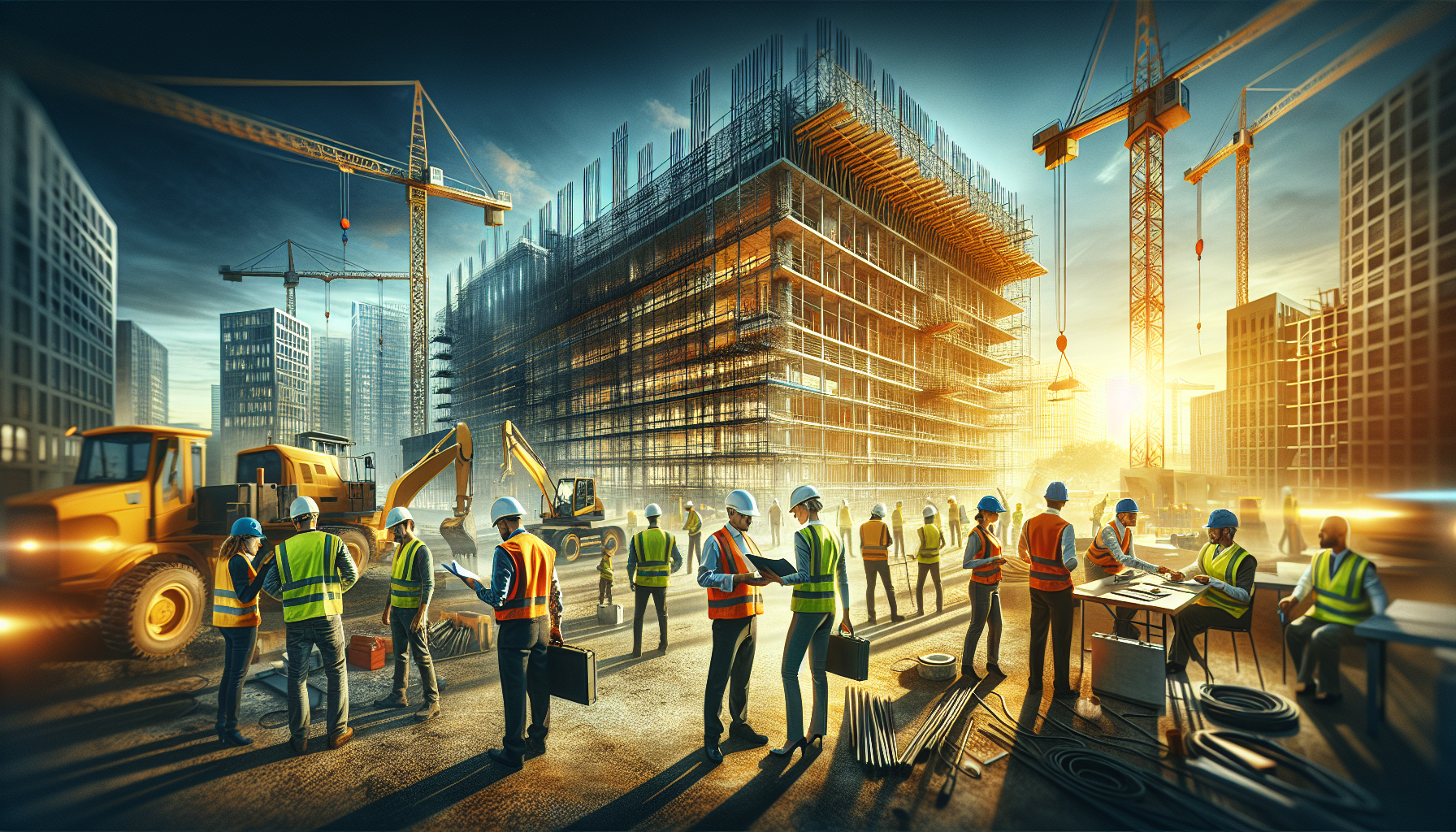 alt_text: A dynamic construction site showcases workers in safety gear, cranes, and a partially built high-rise.