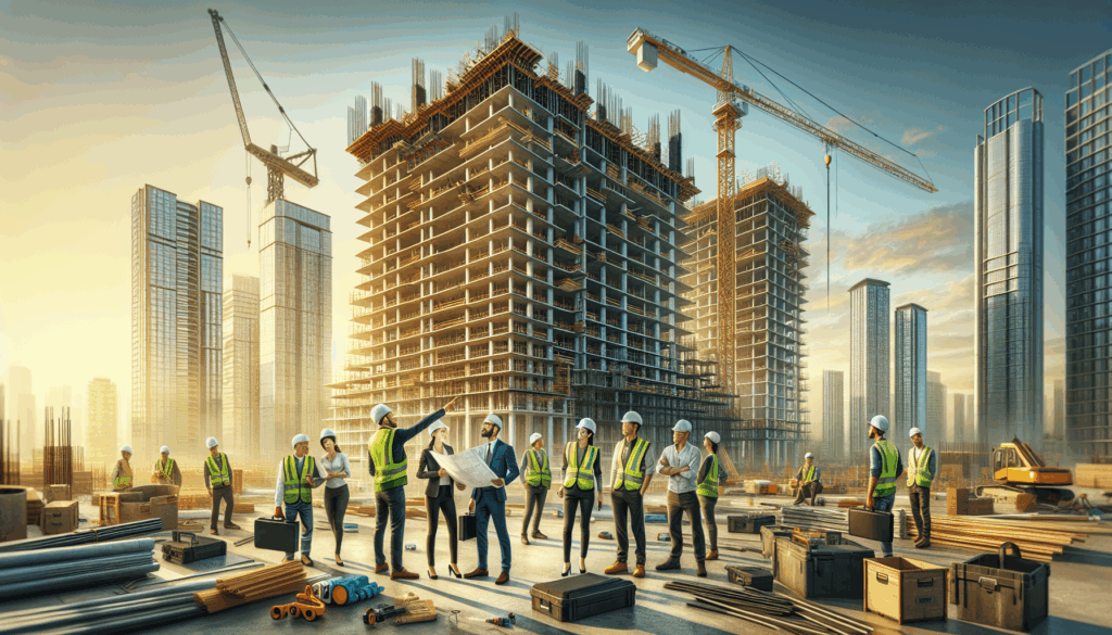 alt_text: A vibrant construction site with professional workers, cranes, and a rising high-rise under golden hour.