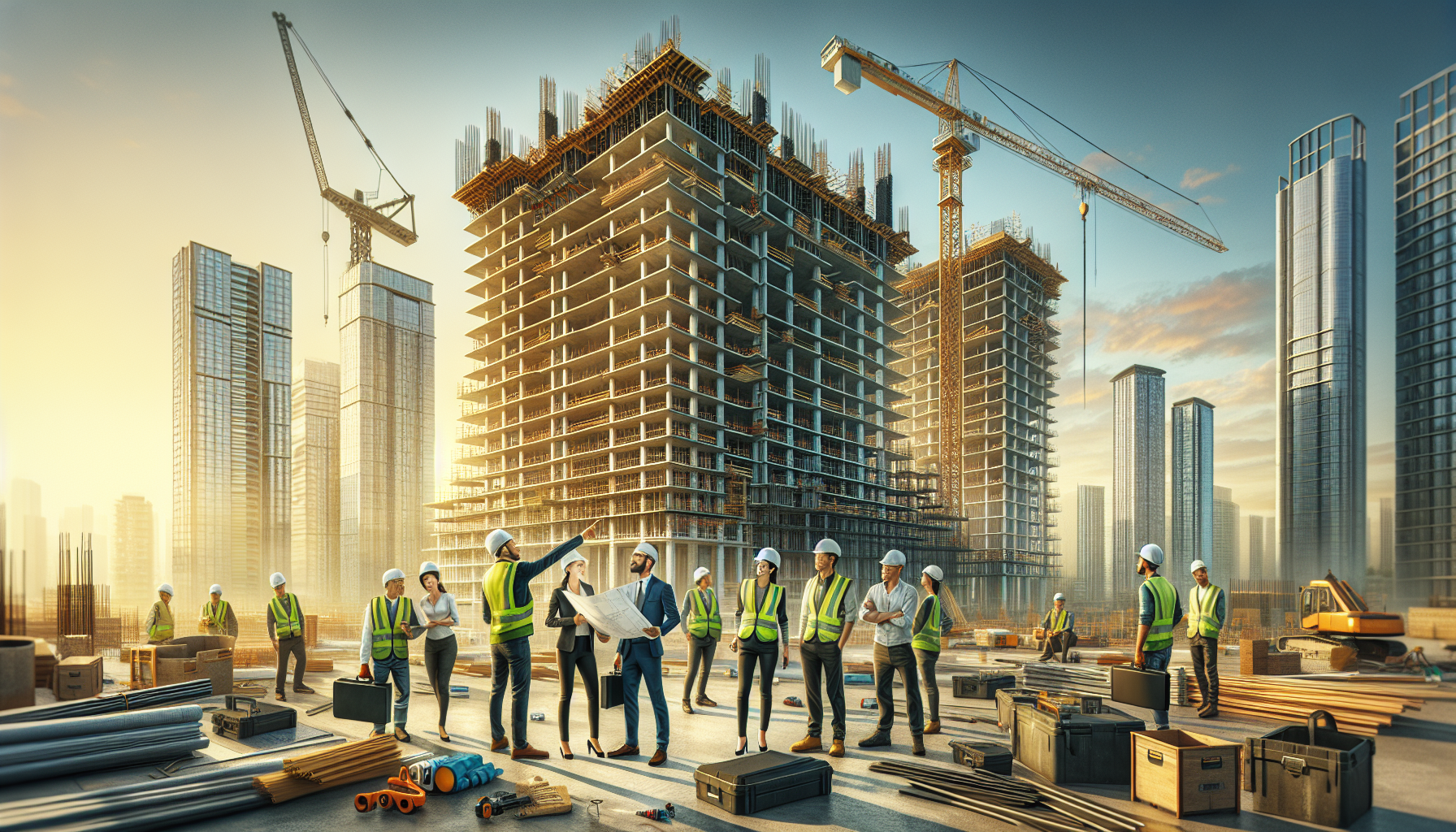 alt_text: A vibrant construction site with professional workers, cranes, and a rising high-rise under golden hour.