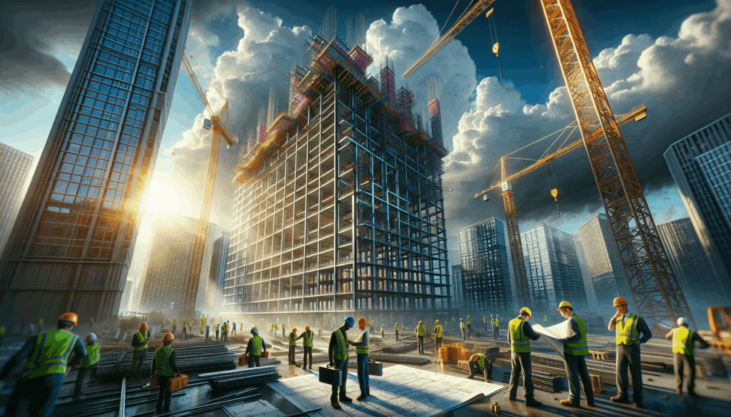 alt_text: A towering high-rise under construction, with workers in safety gear and cranes against a dramatic sky.