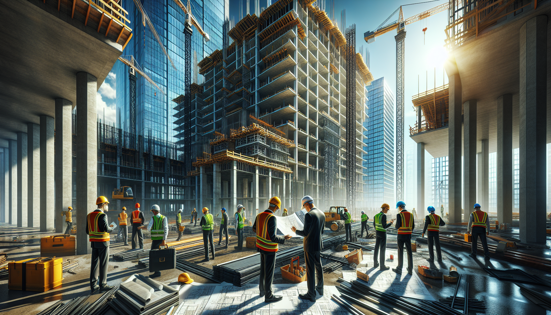 alt_text: A bustling construction site with diverse workers, cranes, and a high-rise, showcasing teamwork and progress.