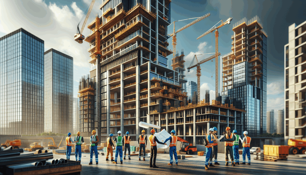 A vibrant construction site with diverse workers, cranes, and a modern building under construction.