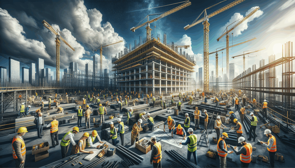 alt_text: Vibrant construction site bustling with workers, cranes, and a rising high-rise, embodying progress.