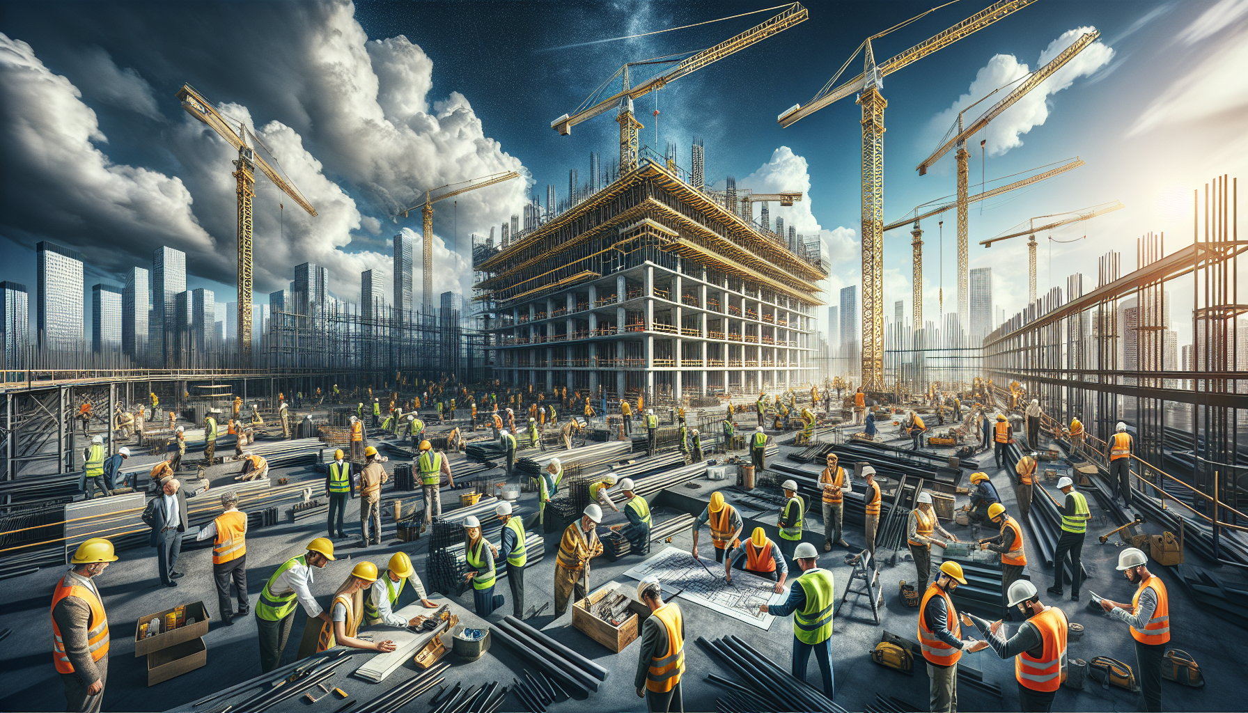 alt_text: Vibrant construction site bustling with workers, cranes, and a rising high-rise, embodying progress.