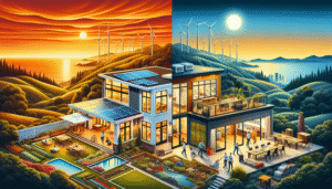 A split scene showcasing modern Bay Area homes and rustic Inland California ranches, highlighting eco-friendly design.