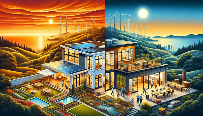 A split scene showcasing modern Bay Area homes and rustic Inland California ranches, highlighting eco-friendly design.