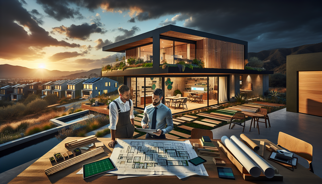 "Architects and contractors plan a modern, eco-friendly home amidst Riverside County's construction boom."
