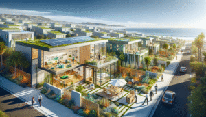 alt_text: Sunny California coastal scene with modern eco-friendly homes, showcasing sustainable renovation practices.