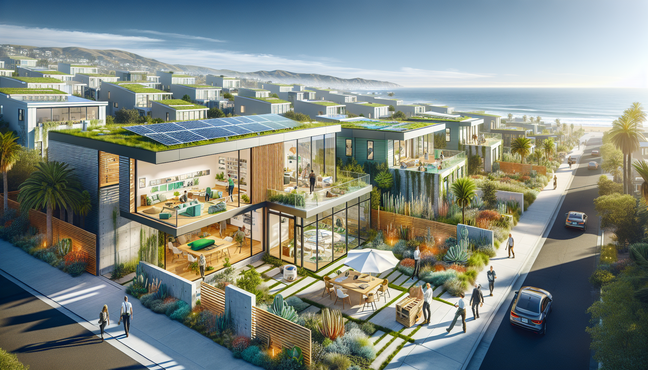 alt_text: Sunny California coastal scene with modern eco-friendly homes, showcasing sustainable renovation practices.