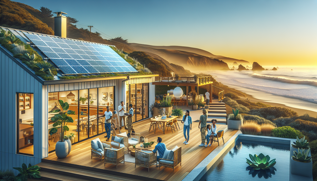 "Eco-friendly team installs solar panels on a modern coastal home, showcasing sustainability and style."