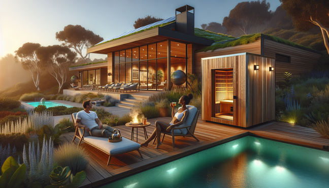alt_text: A serene outdoor wellness space featuring a modern sauna, plunge pool, and lush, resilient landscaping.