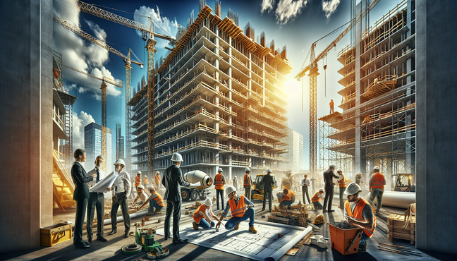 alt_text: A vibrant construction scene showcasing teamwork, cranes, and progress from consultation to delivery.
