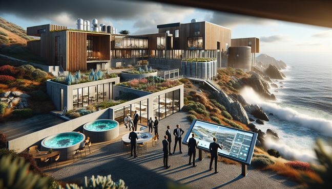 alt_text: Modern water treatment facility on a California coast with eco-friendly upgrades and diverse workers.