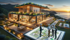 alt_text: A sleek, eco-friendly coastal home with renewable energy, showcasing smart tech and sustainable design.