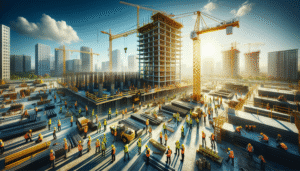 alt_text: Diverse workers on a bustling construction site, emphasizing teamwork in a major project under blue skies.