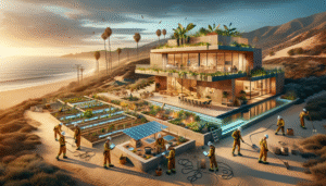 **alt_text:** Modern eco-homes in a coastal landscape emphasize fire resilience and sustainable building practices.