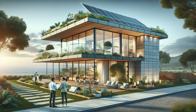 alt_text: A modern coastal home merges eco-friendliness with smart tech, showcasing innovative construction and teamwork.