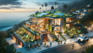 alt_text: Coastal modern home with eco-friendly features and workers, illustrating renovation amidst rising costs.
